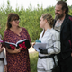 Cate Shortland and three of her starts on the set of Black Widow.